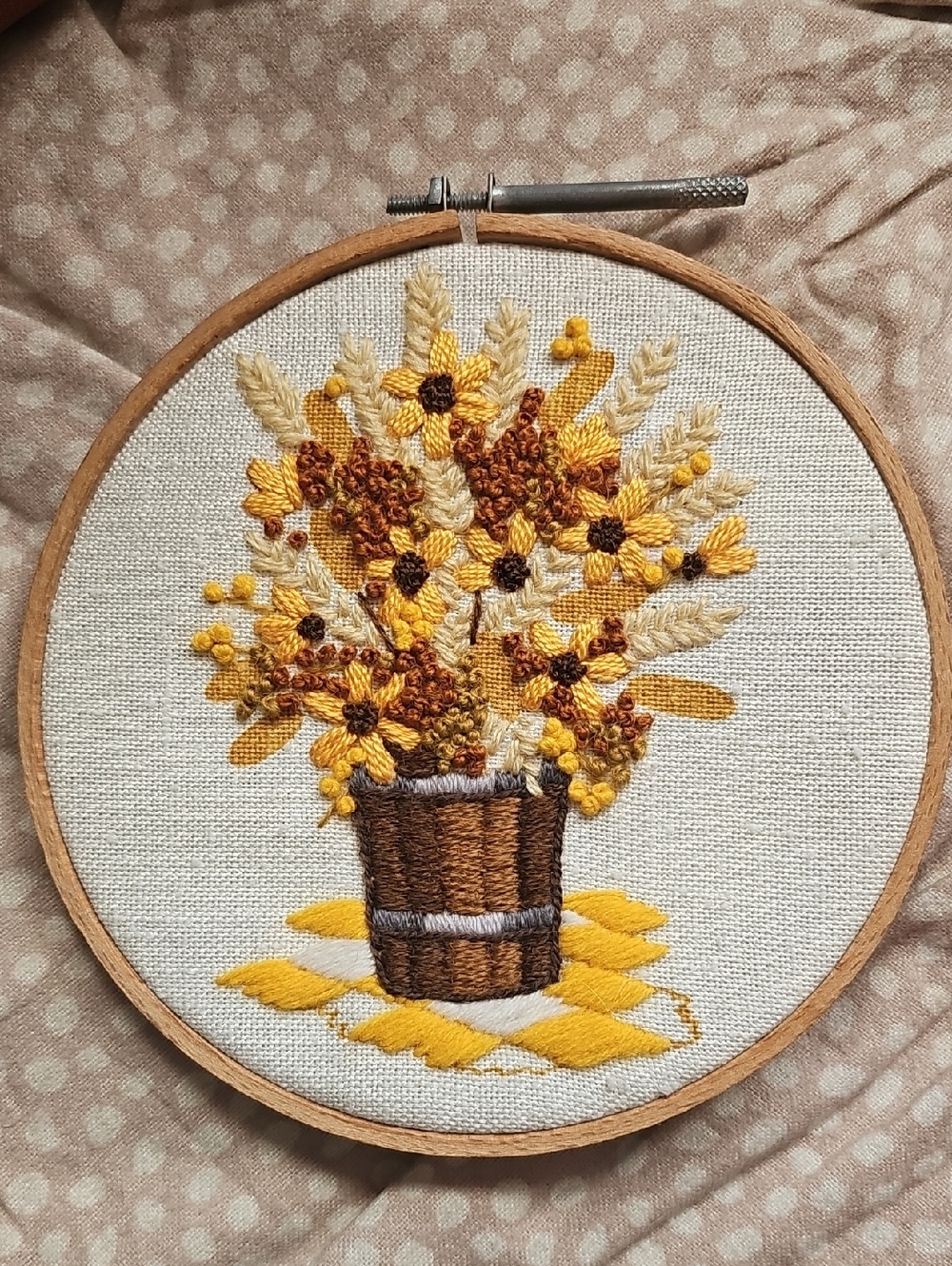 Vintage Hand-Embroidered Yellow Floral Basket Hoop Art